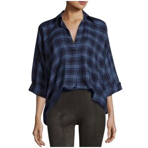 Vince Oversized Plaid Popover Blouse Blue Draped Lightweight Quiet Luxury Top S